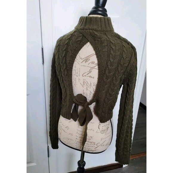 WINDSOR L Olive Green Chunky Knit Turtle Neck Open Back Bow Concert Going Out - Picture 4 of 5